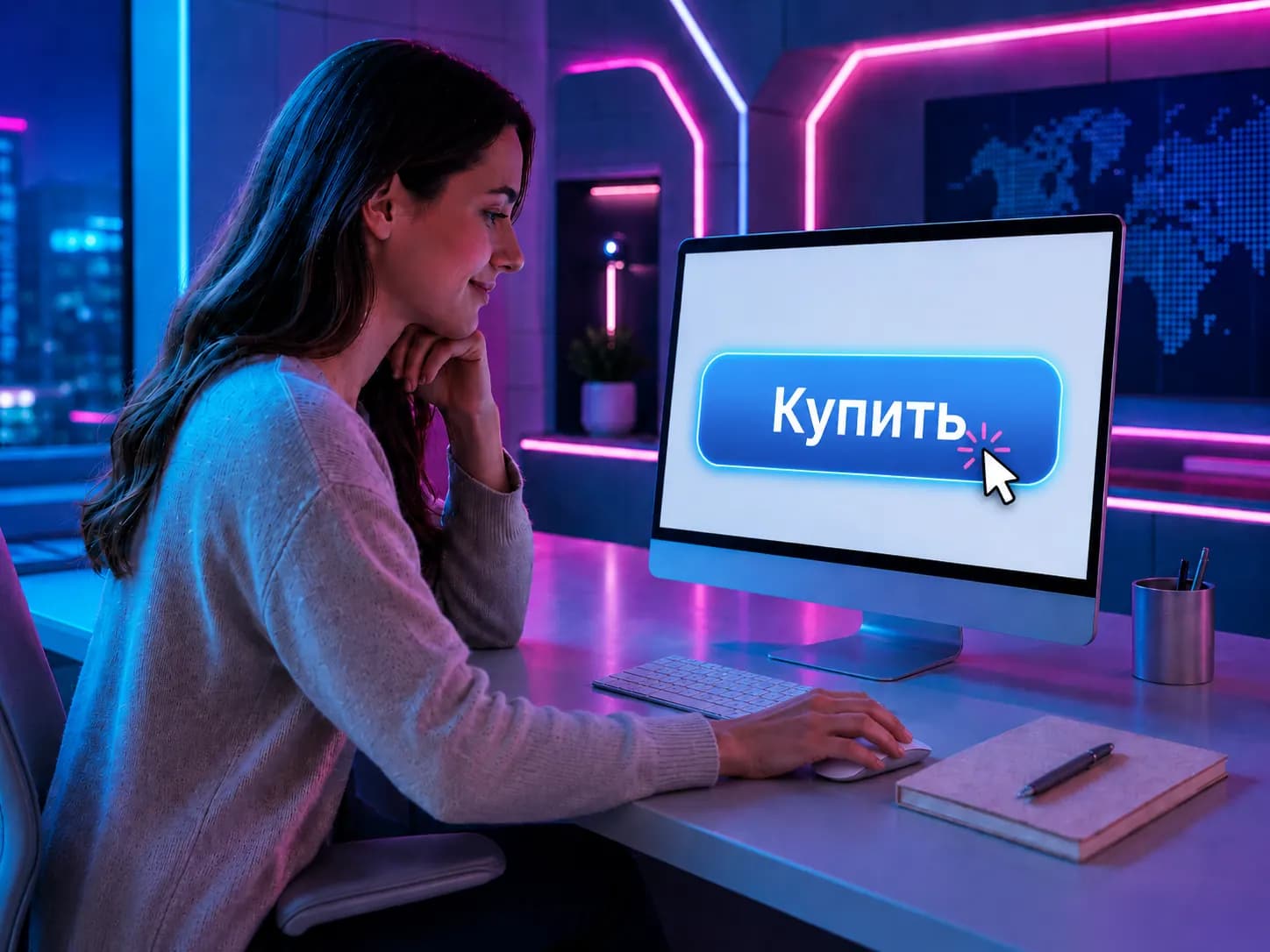 Посетительница нажимает кнопку покупки на сайте