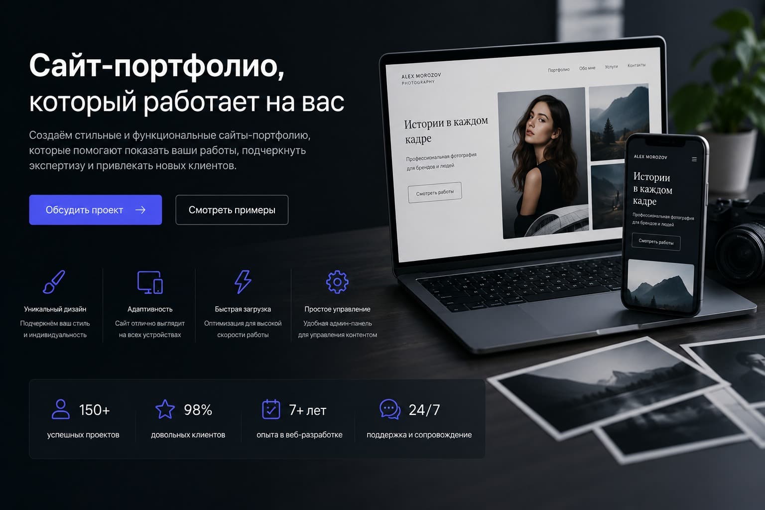 Демонстрационный сайт-портфолио дизайнера и студии под ключ с работами, адаптивом, преимуществами и блоком доверия