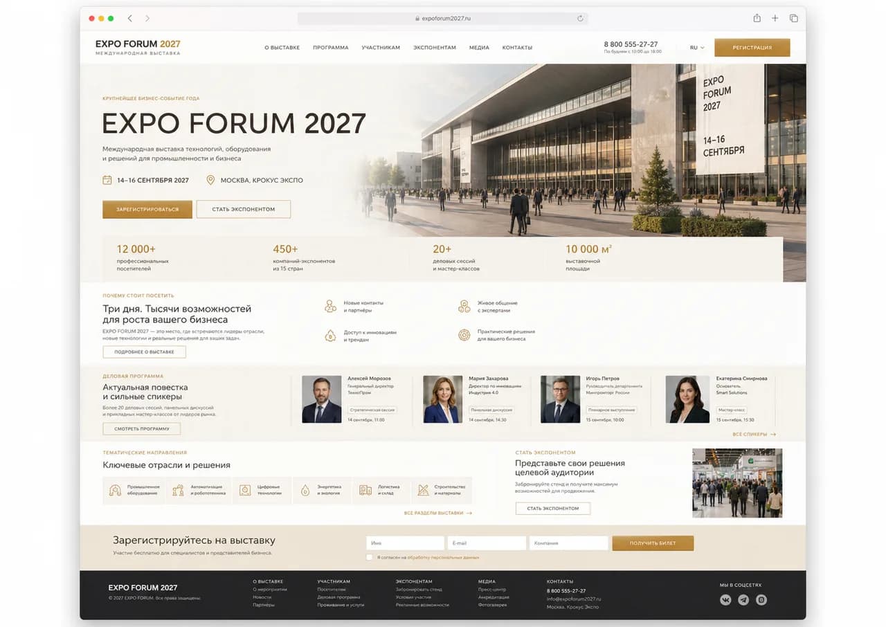 Демонстрационный промо-сайт выставки EXPO FORUM 2027 под ключ с первым экраном, программой, направлениями, партнерами и регистрацией